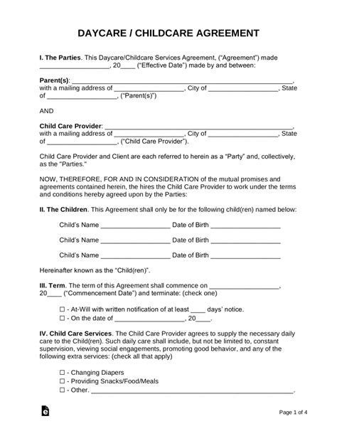 daycare child care contract template  word eforms