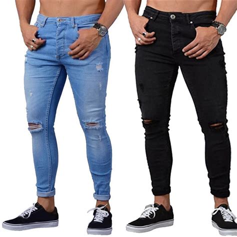 high waist jeans mens skinny stretch denim pants distressed ripped freyed slim fit jeans