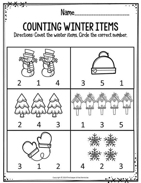 preschool worksheets counting winter items  keeper   memories