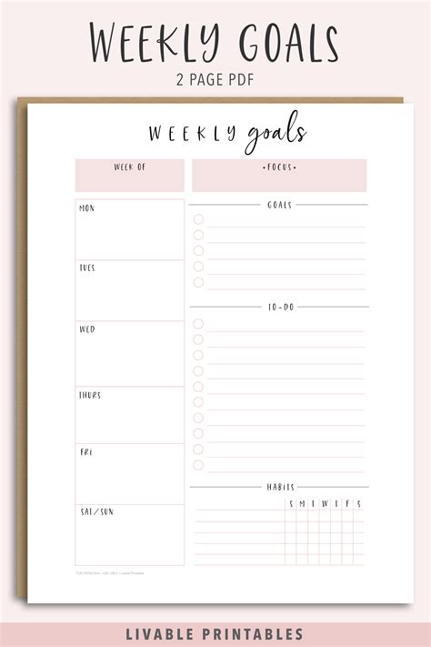 weekly goal planner printable  etsy goal planner printable