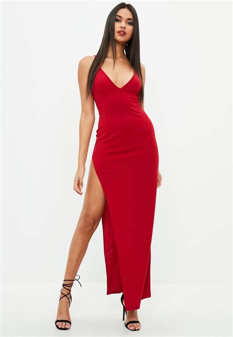 red maxi dress  side splits plunge neckline  jersey fabric cocktail dresses