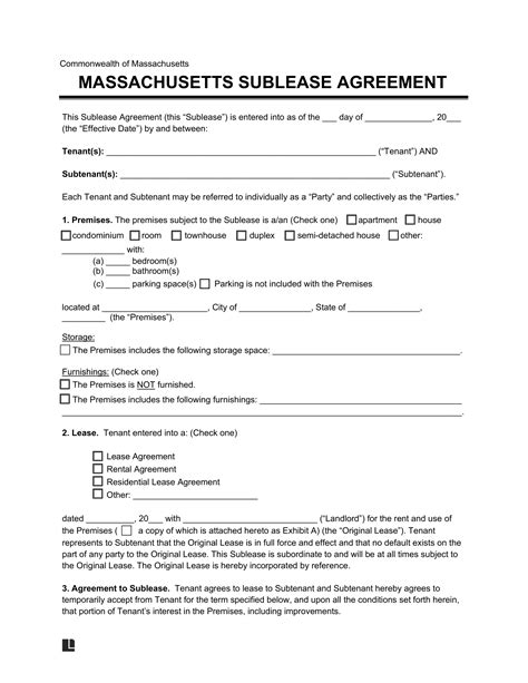 massachusetts sublease agreement template  word