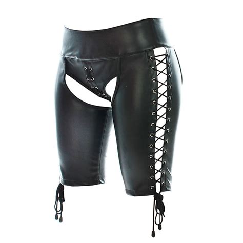 yuayxea sexy tight black leather shorts women lace up bondage jockstrap