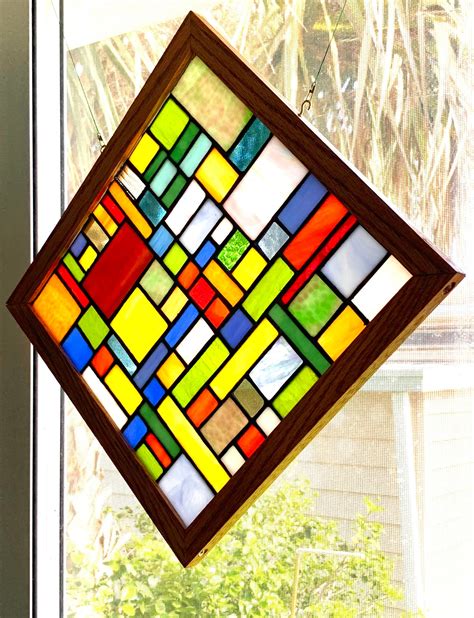 Stained Glass Panel Mounted In Custom Red Oak Wood Frame Etsy