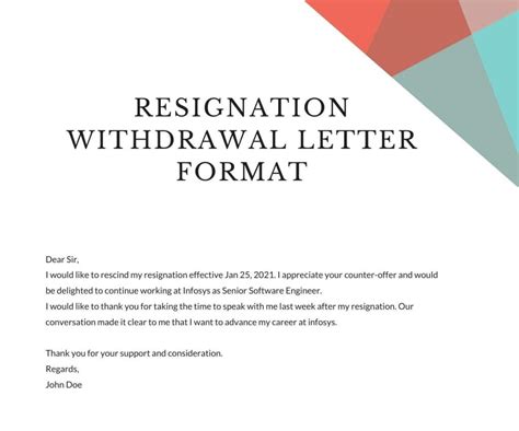 resignation withdrawal letter format sample
