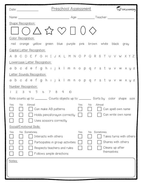 preschool assessment forms  printable printable forms