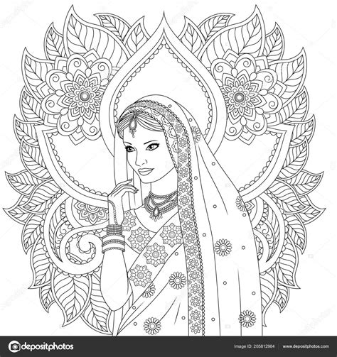 Outlined Indian Girl In Coloring Page Vector Stock Vector By ©maia3000