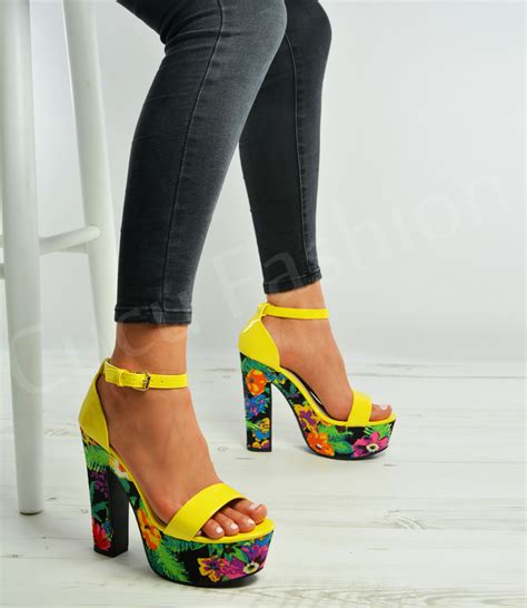 womens floral platform sandals ladies high block heels peep toe strappy