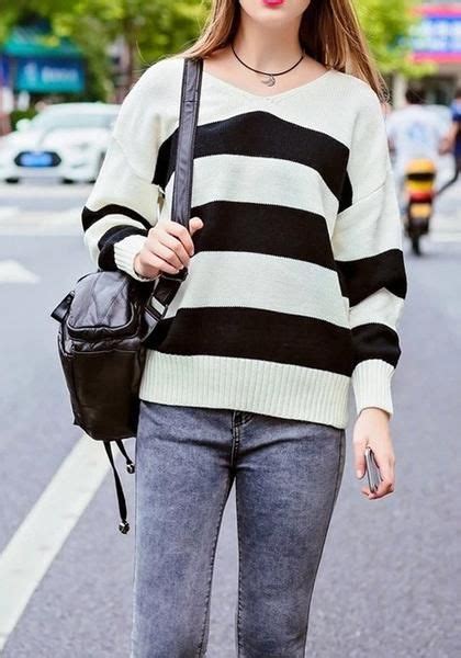 white black striped  neck long sleeve oversized pullover sweater
