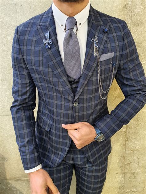 gentwith sheridan navy blue slim fit plaid check suit gent