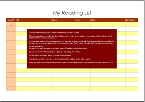 reading list template  excel word excel templates