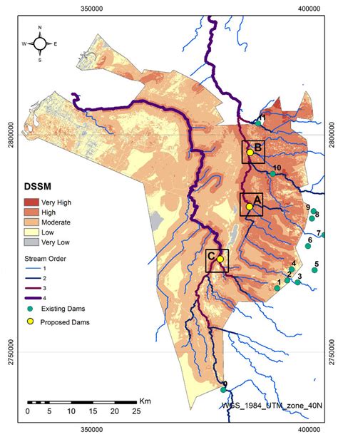 dam site suitability map  dams  streams  scientific