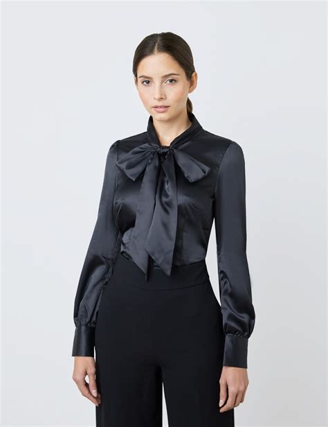 women s black fitted satin blouse pussy bow hawes and curtis