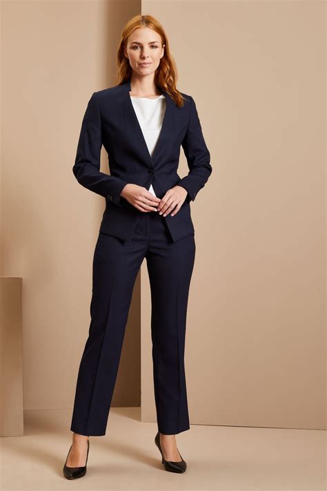 contemporary womens notch neck jacketslim leg trouser suit navy