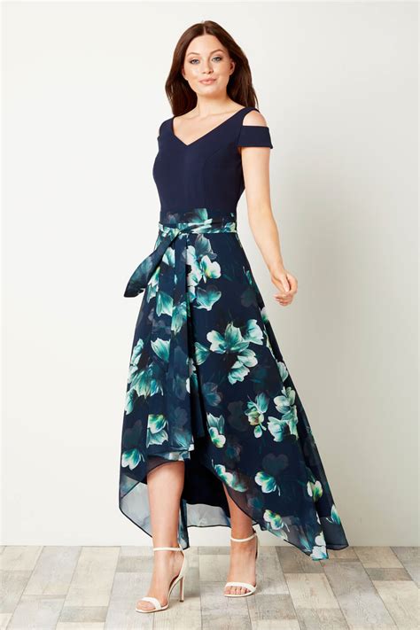 Floral Print Cold Shoulder Maxi Dress In Navy Roman Originals Uk