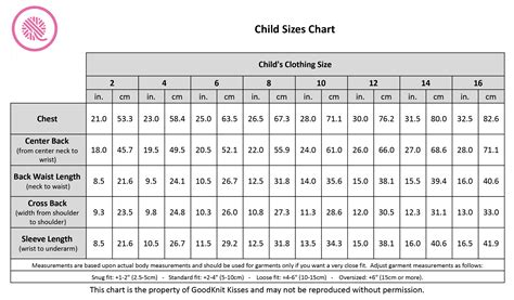 child sizes chart  common measurements  kids
