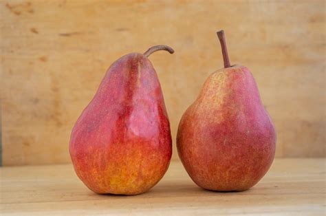 Two Pears Edible Fruits Tasty Ripened Red Yellow Fruit On Wooden