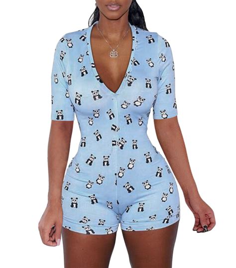 Women V Neck Onesie Pajama Short Sleeve Bodycon Bodysuit Soft Romper