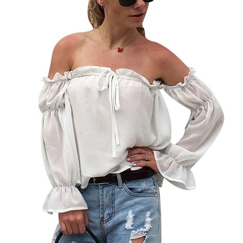 buy  shoulder tops chiffon blouse  women sexy flare sleeve lace shirts