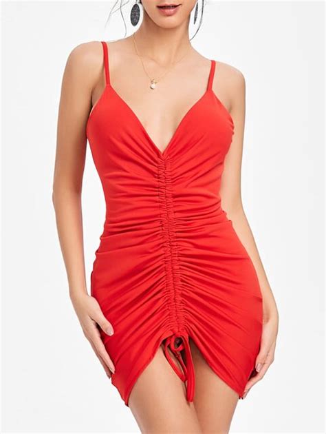 zaful spagetti strap plunging neck ruched dress women sexy club party