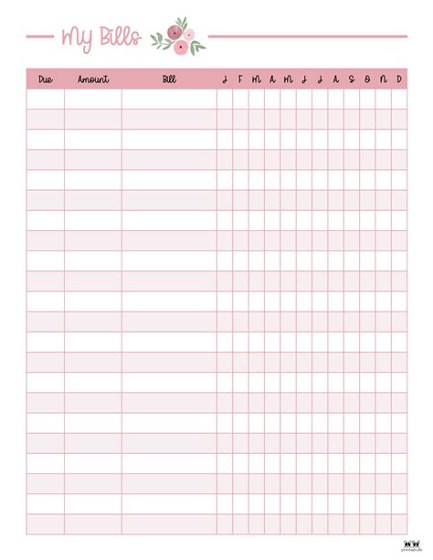 monthly bill organizer chart printable