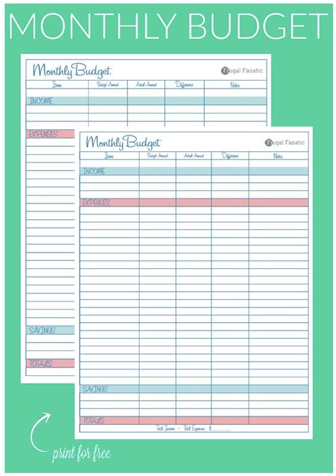 monthly budget worksheet printable