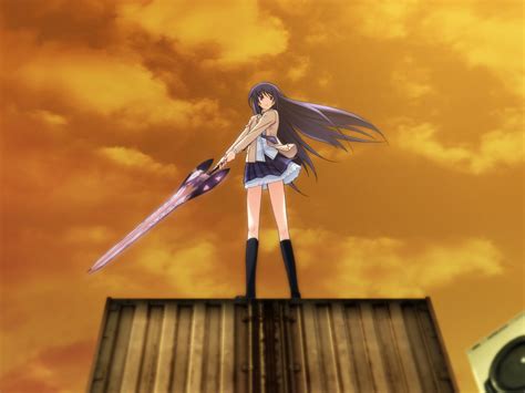 aoi sena black hair chaoshead long hair school uniform skirt sky sword