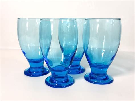 Vintage Set 4 Aqua Blue Tumblers Blown Glass Drinking Glasses Retro