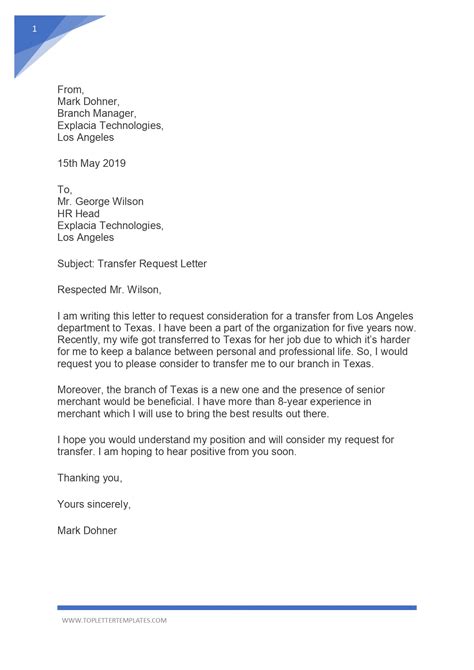 sample letter  request  transfer   department top letter