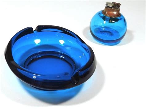 Vintage Blenko Art Glass Blue Orb Ball Ashtray And Lighter Modern