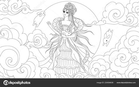 chiness moon goddess cute rabits design element coloring book page
