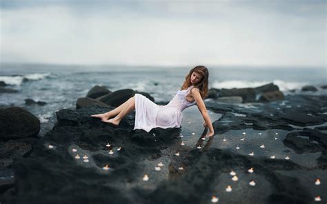Wallpaper Sunlight Women Model Sea Rock Shore Sand Photography