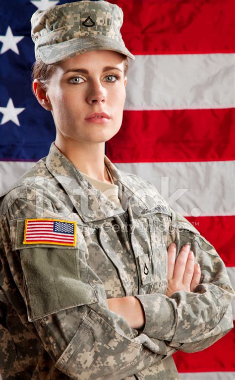 Female American Soldier Series Against Usa Flag Stock