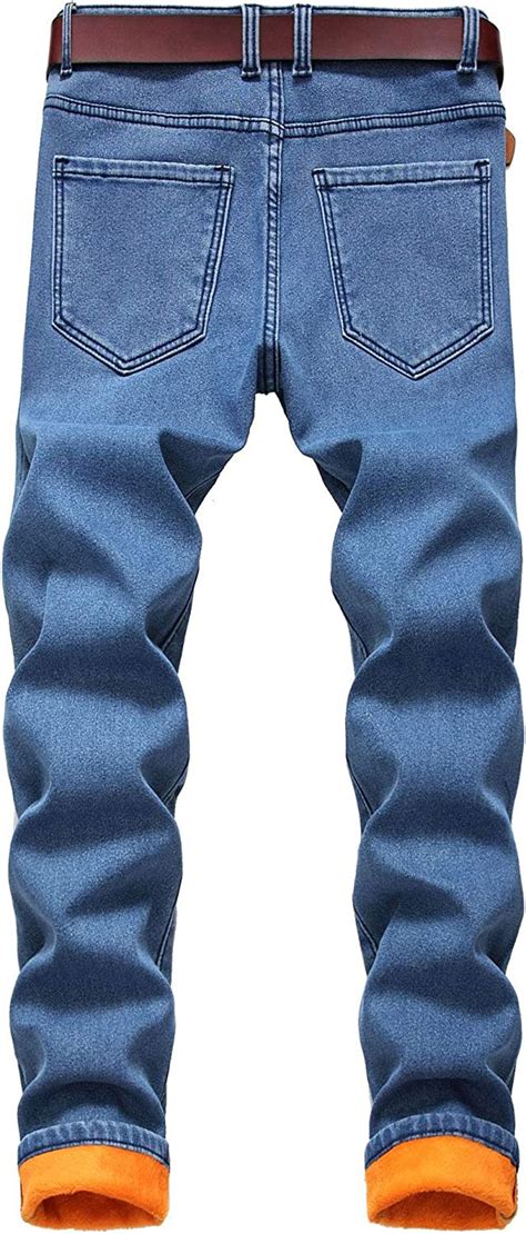 heren fleece gevoerde jeans denim broek winter warme dikke broek met zakken lichtblauw  nl