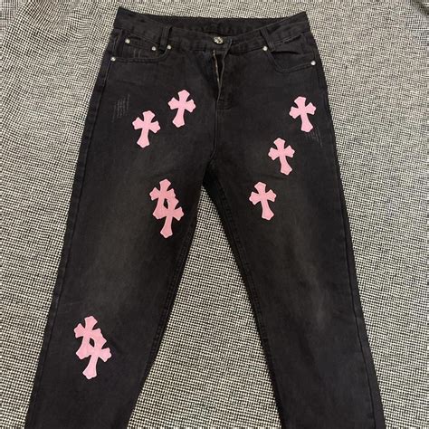 chrome hearts  cdg black denim jeans pink patches depop