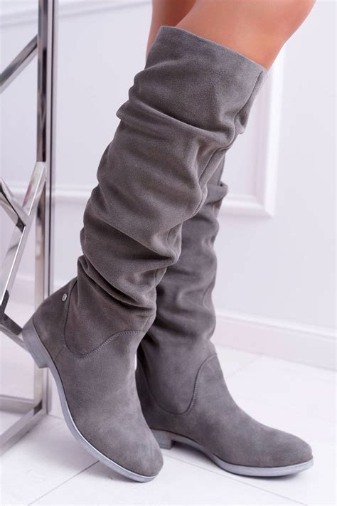 womens high boots flat leather suede grey pello cheap
