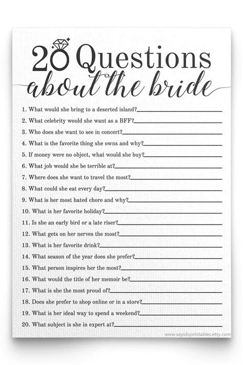 20 Questions About The Bride Bridal Shower Game Bridal