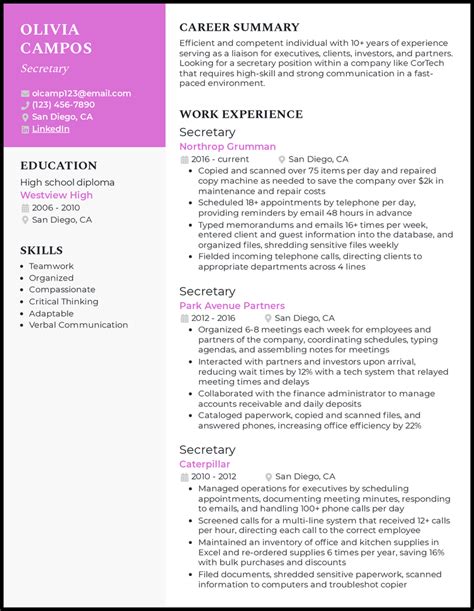secretary resume examples    job   build  resume