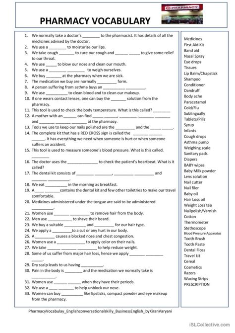 pharmacy vocabulary english esl worksheets