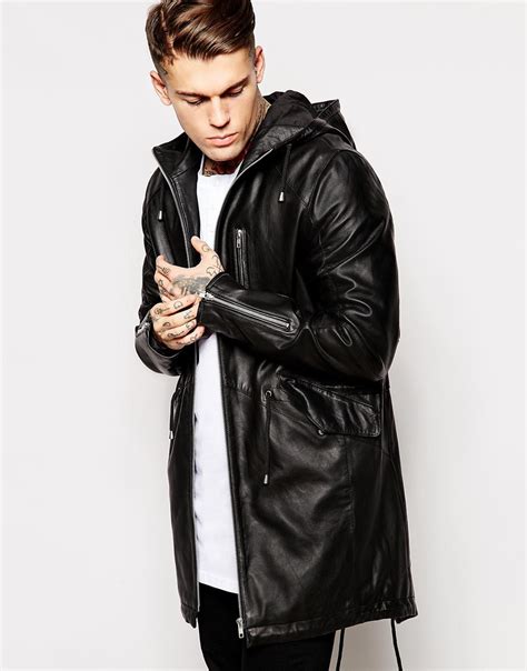 lyst asos leather parka jacket  black  black  men