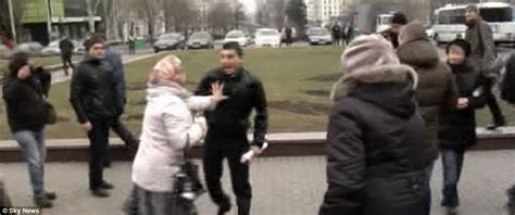 pro russia thug tackled by granny in ukraine as un peace