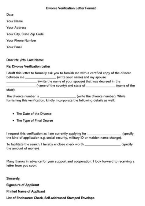 divorce verification letter samples examples