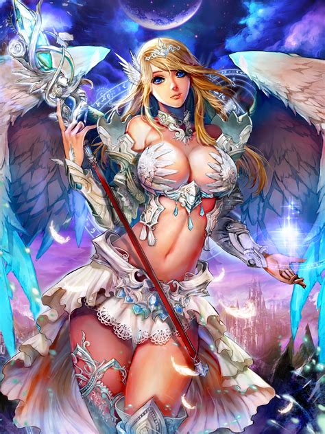 wallpaper blonde long hair anime girls blue eyes wings weapon cleavage armor skirt no