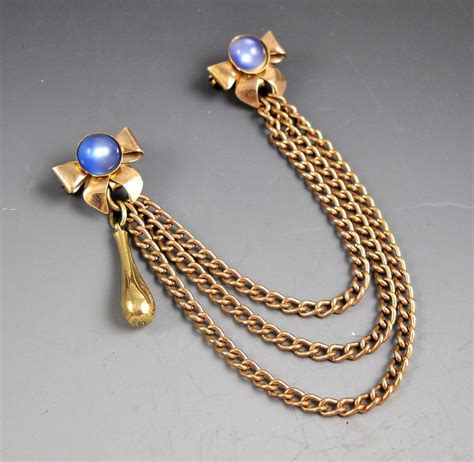 Double Gold Tone Bow Lapel Pins Blue Glass With Triple