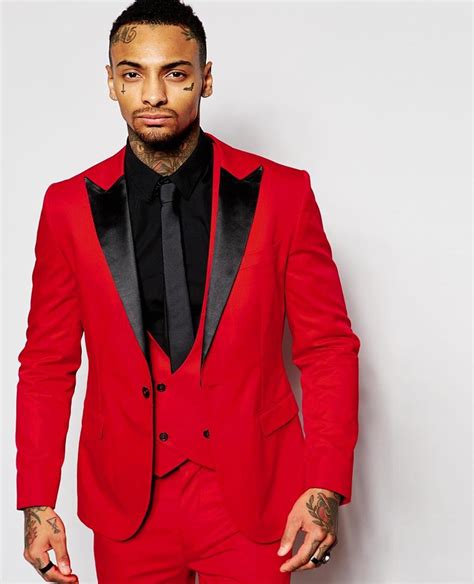 handsome red men wedding prom suits black lapel slim fit tuxedos
