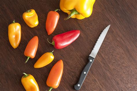 mini bell peppers  kitchen knife  stock image