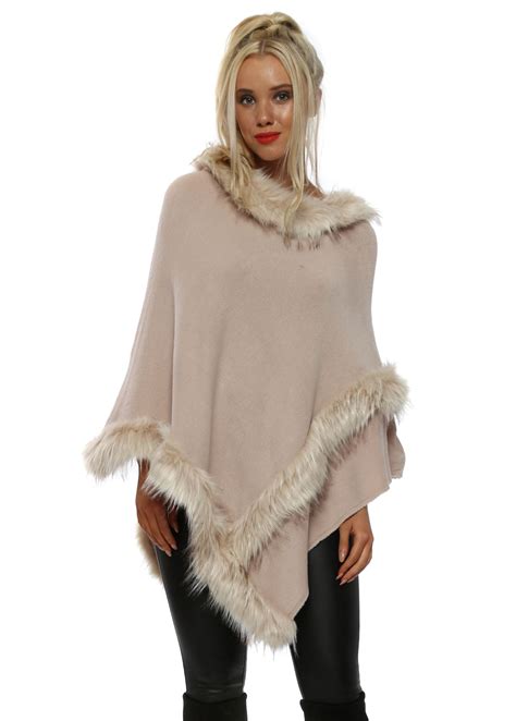 Nude Knit Faux Fur Trimmed Poncho By Oceane