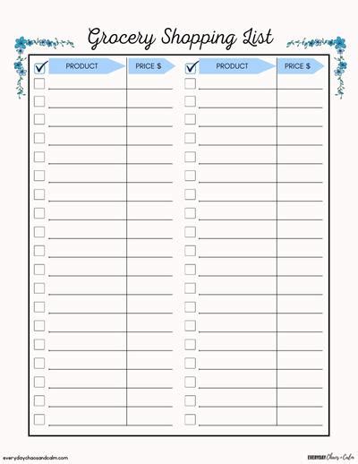grocery list template  category
