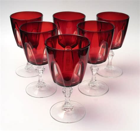 6x Vintage Ruby Red Cut To Clear French Glass Stemmed Wine Glasses