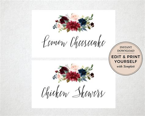 food labels editable food cards  tags place cards etsy